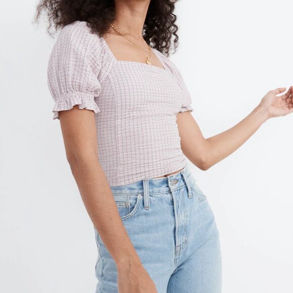 NWT Madewell Seersucker Hopewell Puff-Sleeve Crop Top in Plaid - Picture 1 of 6
